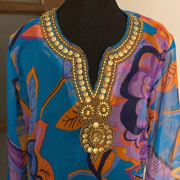 Colorful Floral Tunic or Beach Coverup with Gold Details - Picture 3 of 8